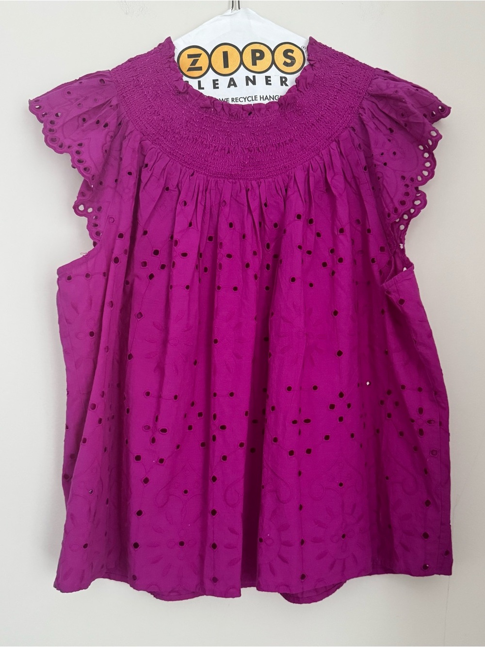 LOFT Magenta Eyelet Short Sleeve Smocked Yoke Top